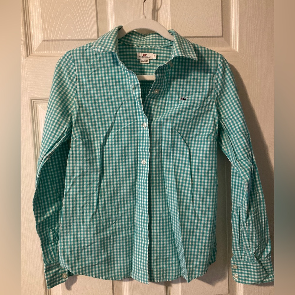 Vineyard Vines green gingham button down shirt size 2